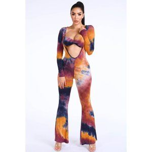 Women's Sexy Open Front Jumpsuit Multicolor Tie Dye Clubwear Party Jumpsuit